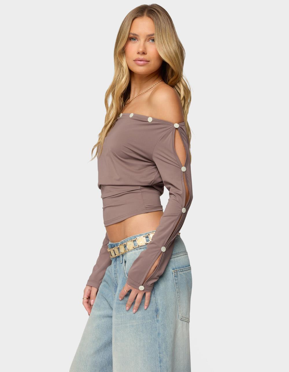 EDIKTED Ronee Off Shoulder Button Cutout Top - BROWN
