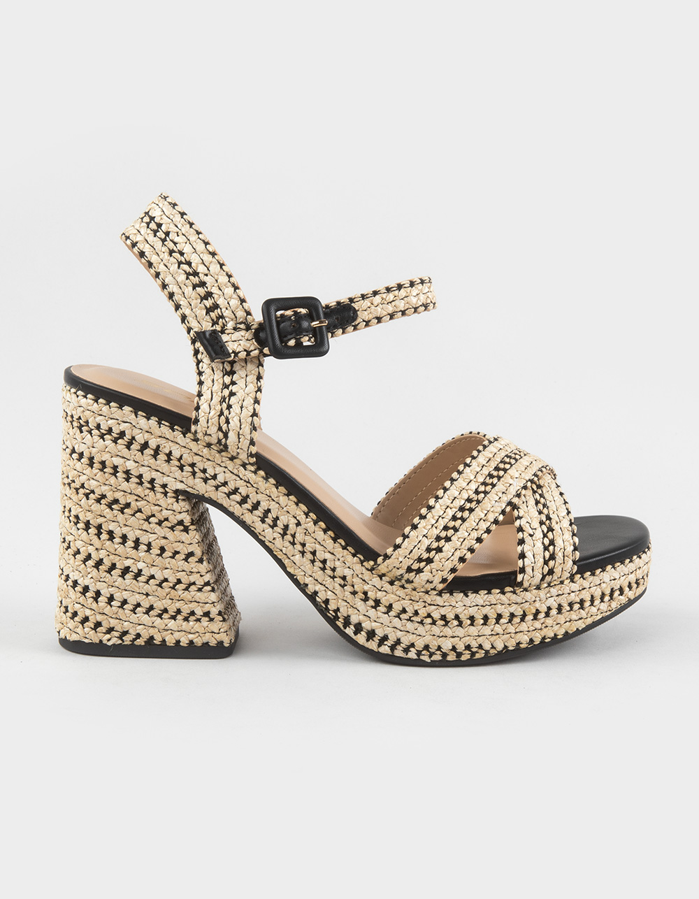 SODA Yara Raffia Womens Cross Strap Platform Heels - BLACK
