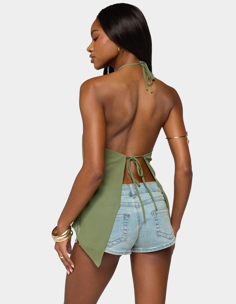 EDIKTED Chiffon Split Open Back Halter Top - DK GREEN