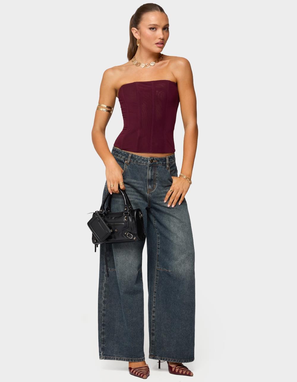 EDIKTED Reed Sheer Mesh Corset - DK RED