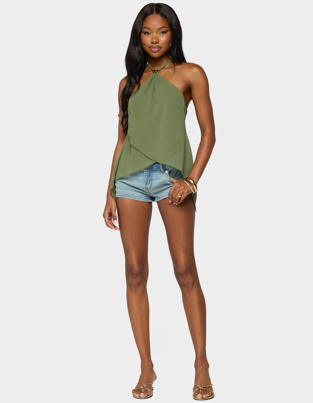 EDIKTED Chiffon Split Open Back Halter Top - DK GREEN