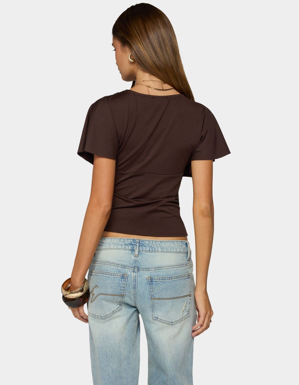 EDIKTED Flutter Plunging V-Neck Top - DARK BROWN