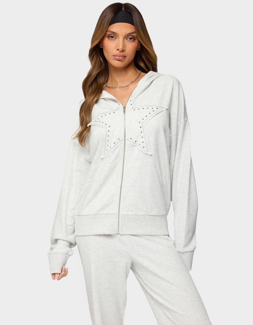 EDIKTED Briela Star Studded Zip Up Hoodie - GRAY