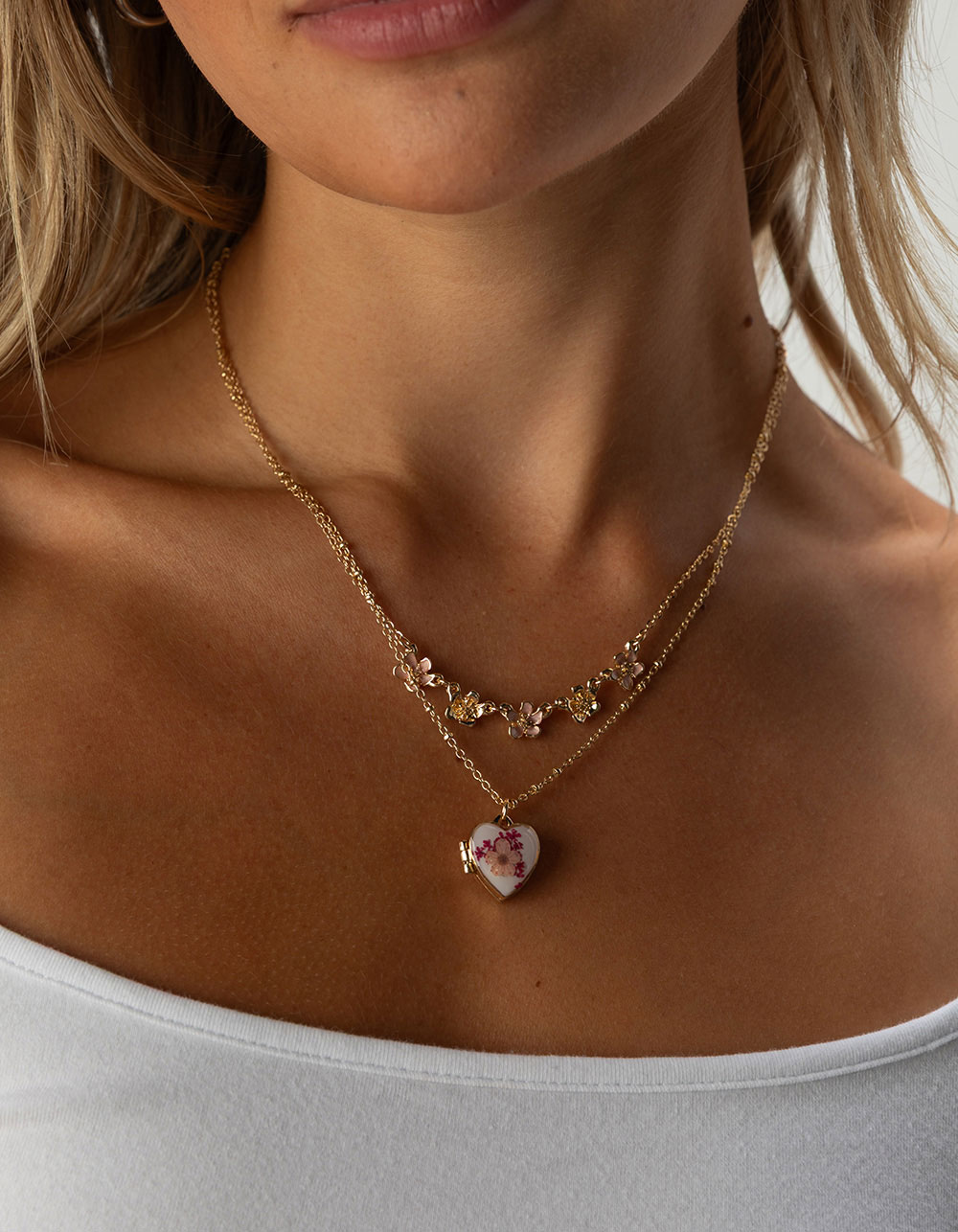 FULL TILT Heart Locket Floral Layered Necklace - GOLD