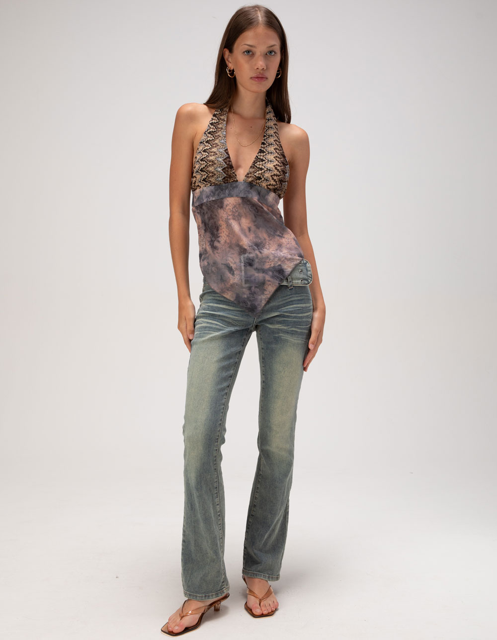 WEST OF MELROSE Womens Printed Babydoll Halter Top - BROWN COMBO