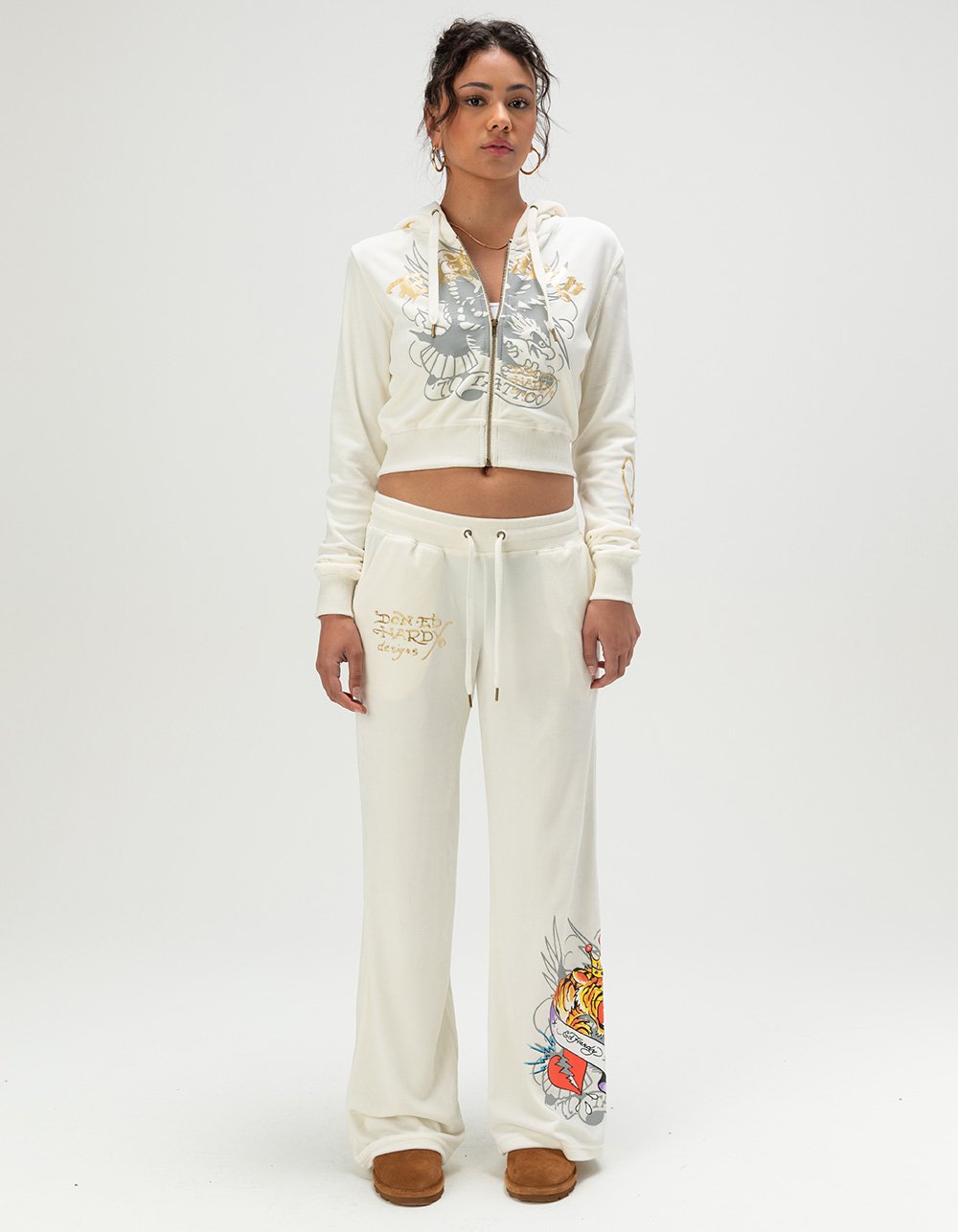 ED HARDY Tiger Crown Womens Velour Pants - IVORY
