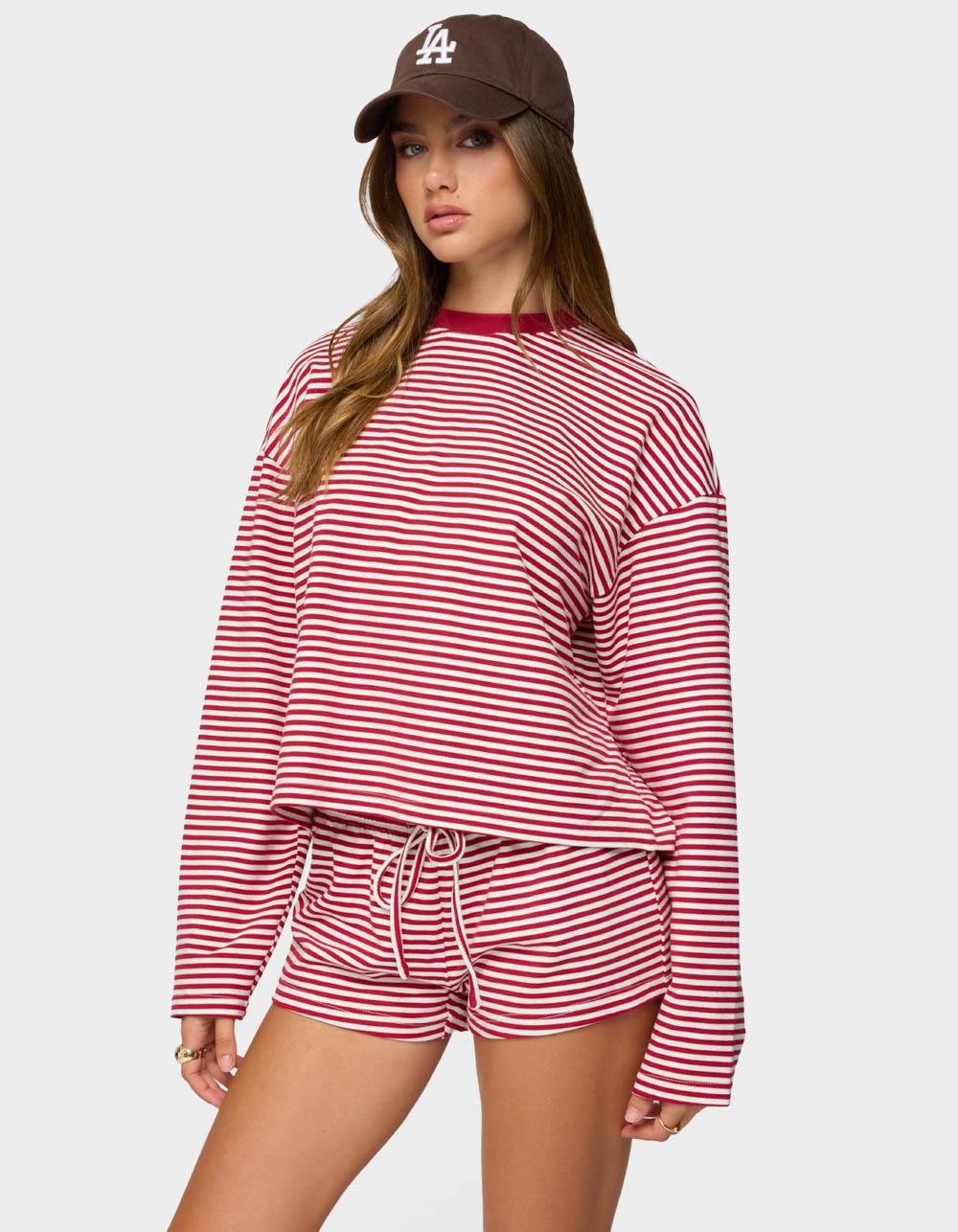 EDIKTED Jainee Striped Long Sleeve Tee - DK RED