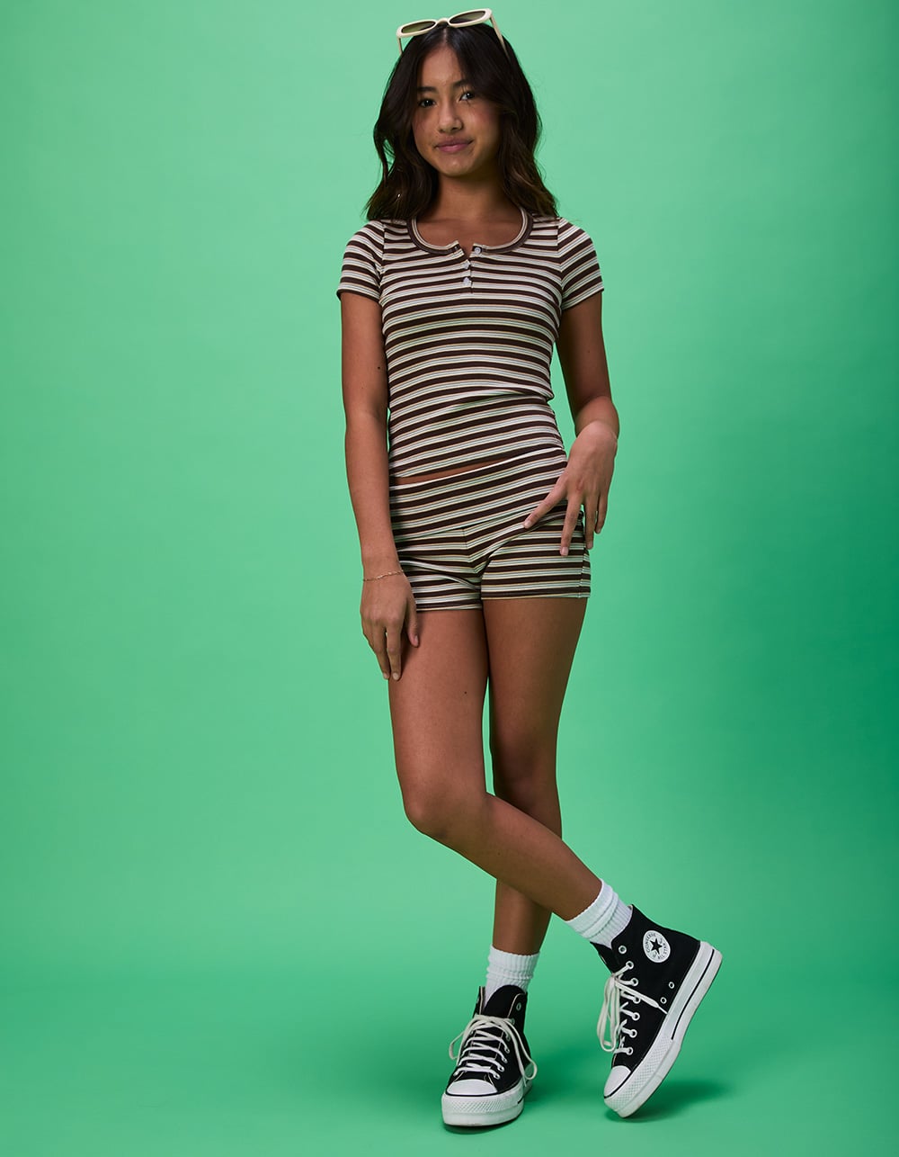 FULL TILT Stripe Girls Henley Top - BROWN COMBO