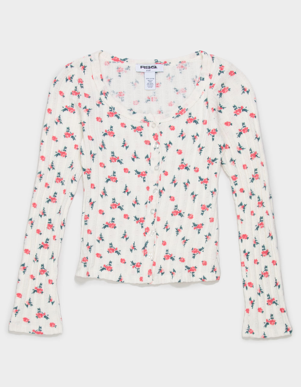 RSQ Girls Ditsy Button Front Long Sleeve Top - Cream Combo