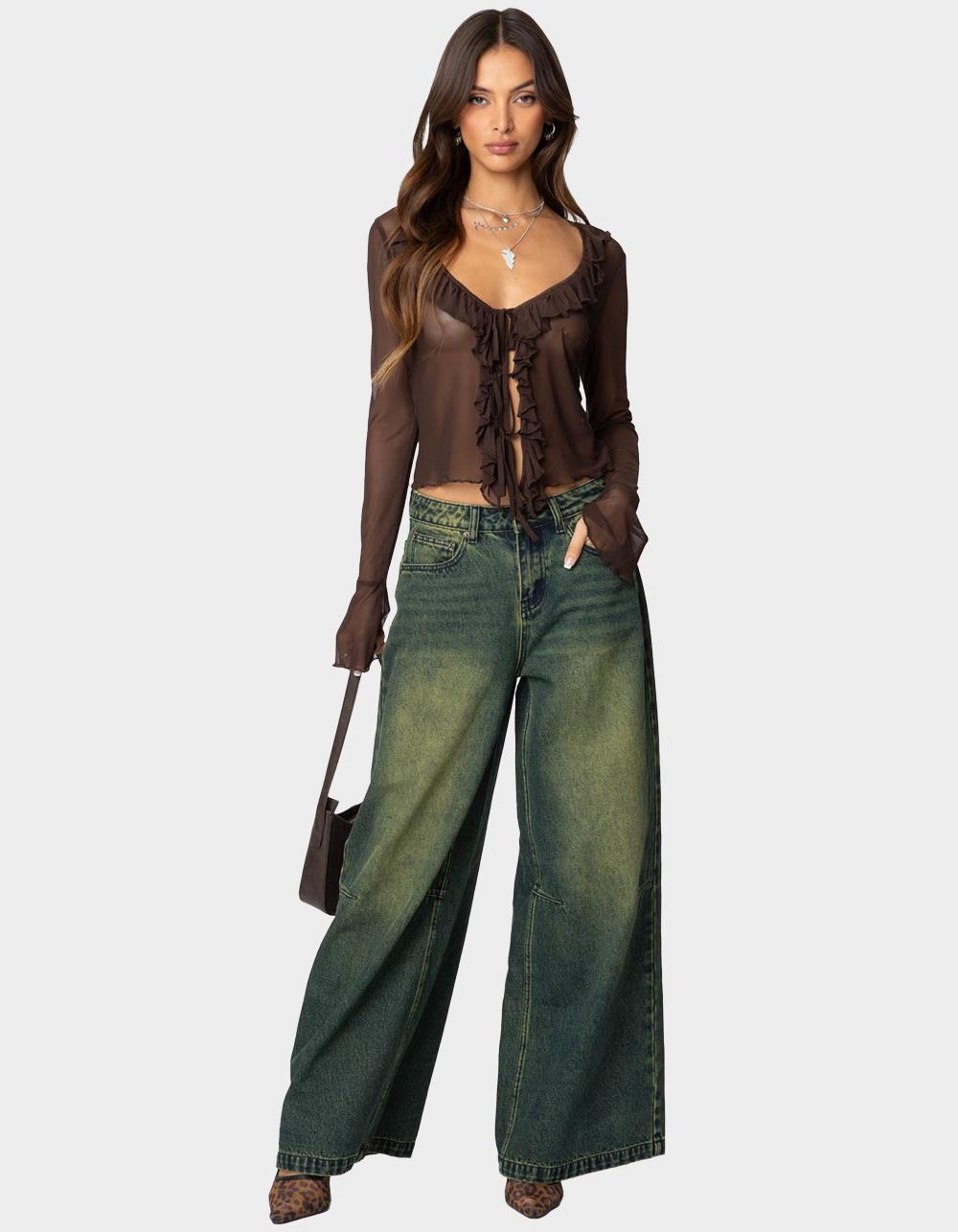 EDIKTED Sheer Mesh Ruffled Top - BROWN