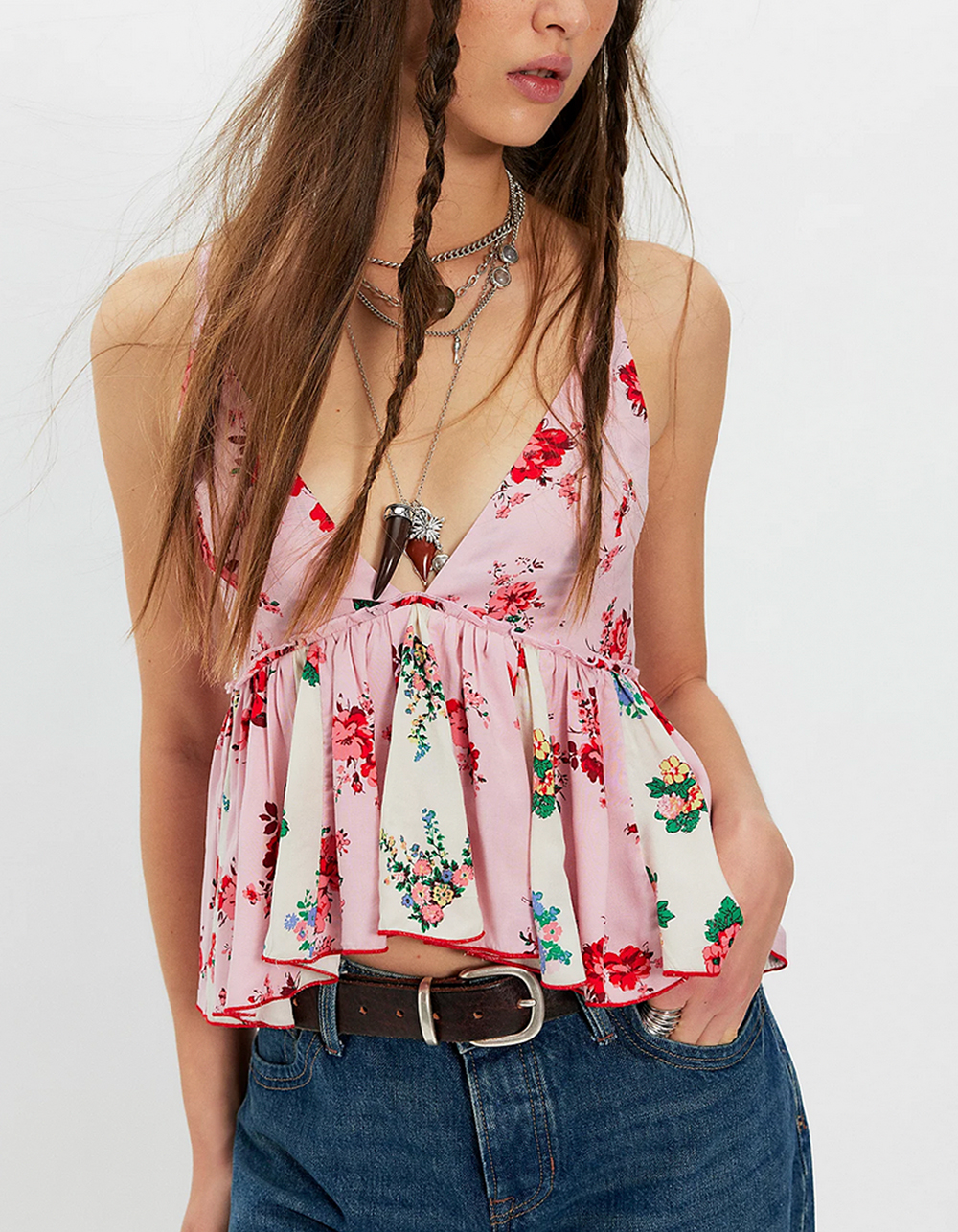 FREE PEOPLE Tillie Womens Babydoll Top - PINK COMBO