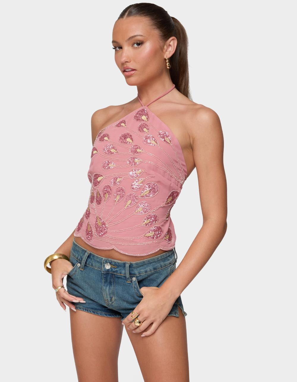 EDIKTED Embroidered Bead & Sequin Halter Top - PINK