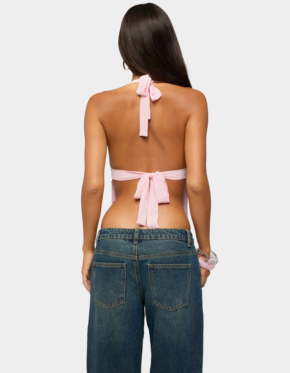 EDIKTED Roey Sequin Chiffon Backless Top - LIGHT PINK