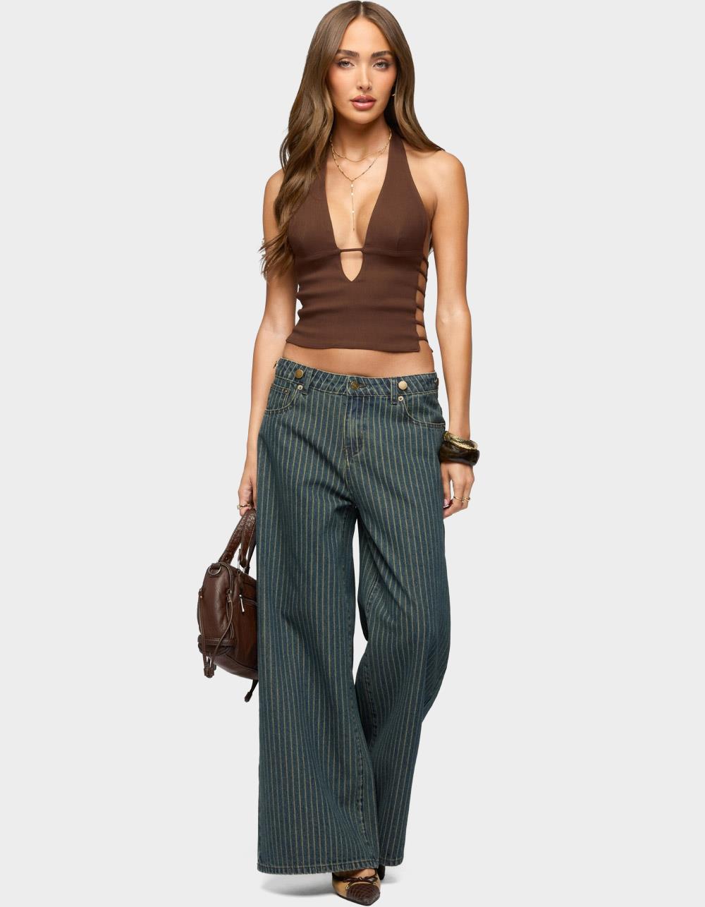 EDIKTED Button Pinstripe Low Rise Baggy Jeans - BLUE