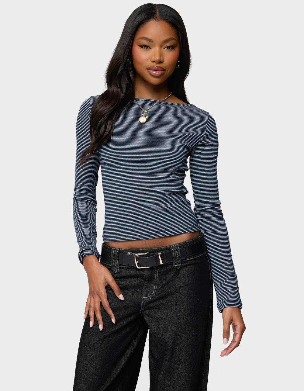 EDIKTED Loria Striped Boat Neck Top - NAVY
