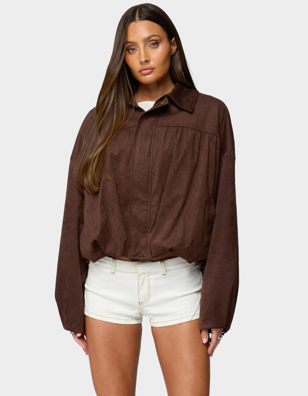 EDIKTED Alberta Faux Suede Bubble Jacket - DARK BROWN