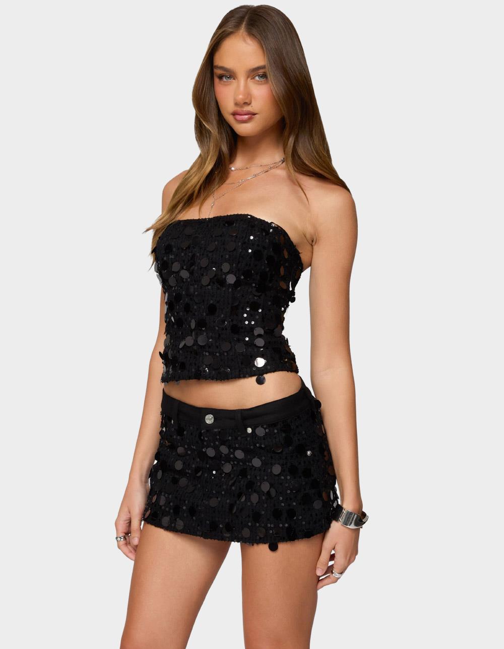 EDIKTED Alenna Sequin Denim Strapless Corset - BLACK
