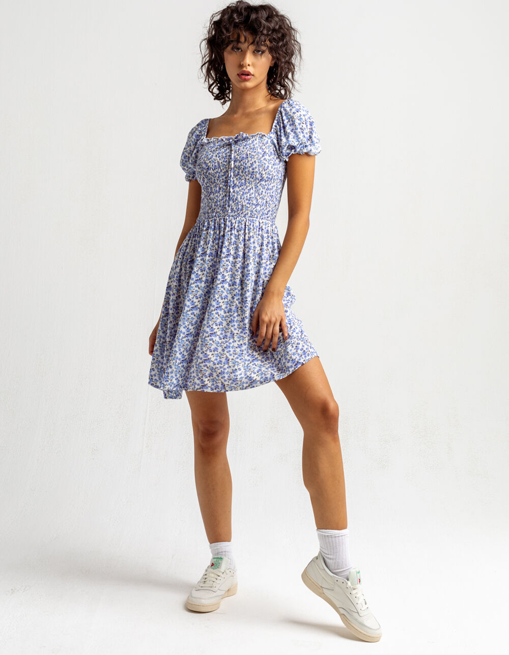TIMING Ditsy Smocked Puff Sleeve Ivory & Blue Dress - IVORY/BLUE | Tillys