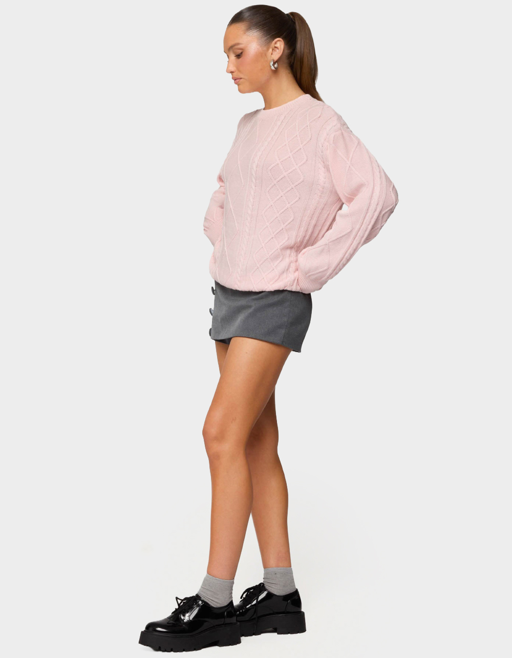 EDIKTED Jessy Cable Knit Oversized Sweater - LIGHT PINK