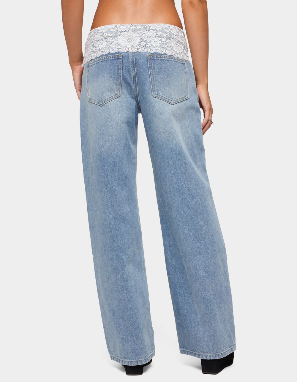 EDIKTED Lacey Foldover Low Rise Baggy Jeans - BLUE