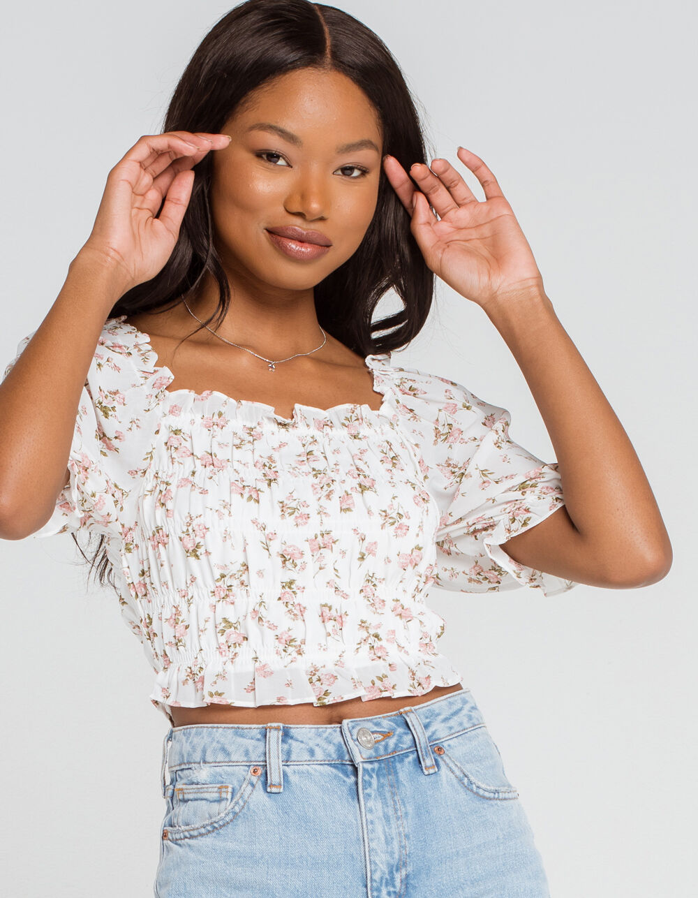 COTTON CANDY LA Smocked Floral Womens Top - WHITE COMBO | Tillys