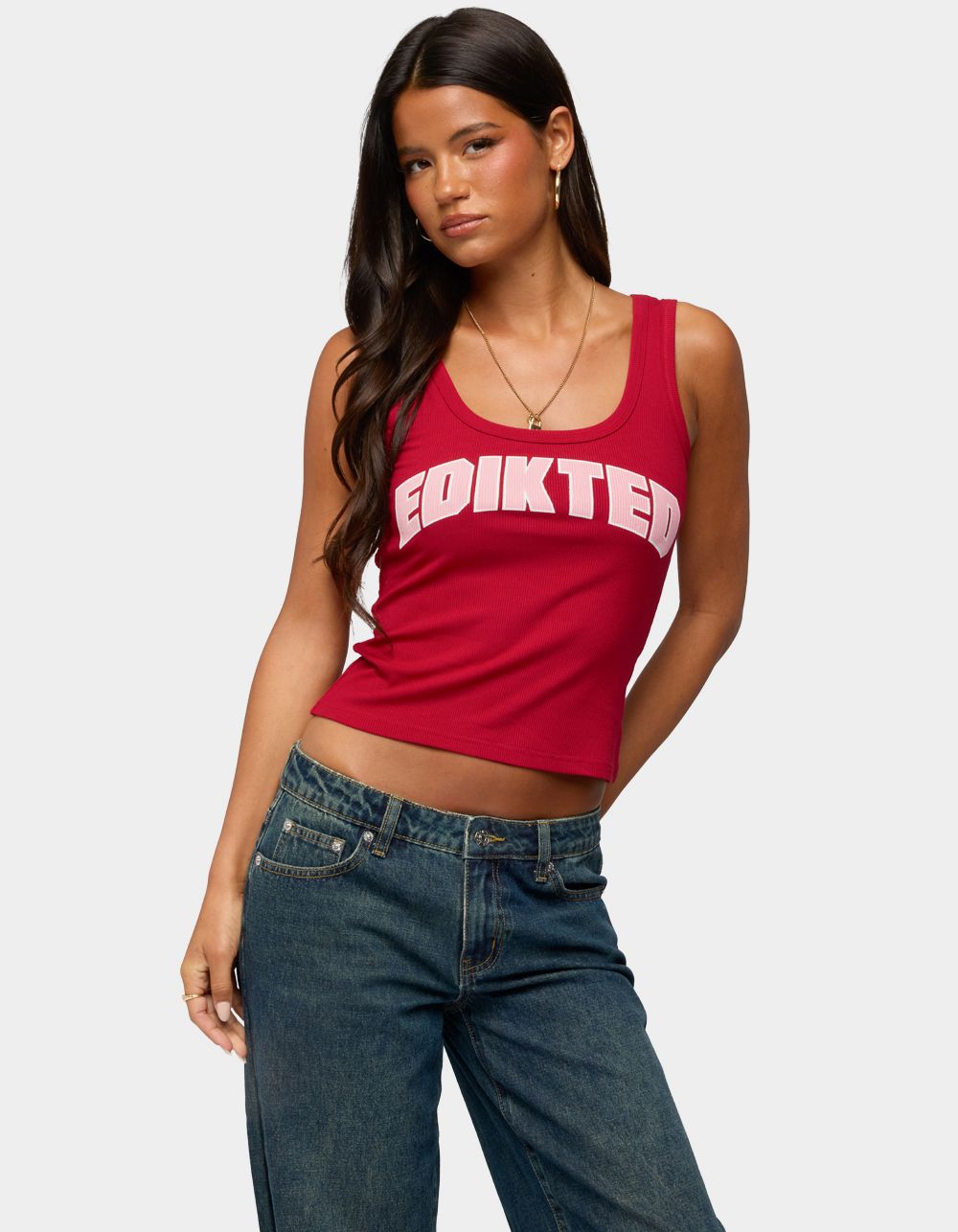 EDIKTED Girly Ribbed Tank Top - DK RED