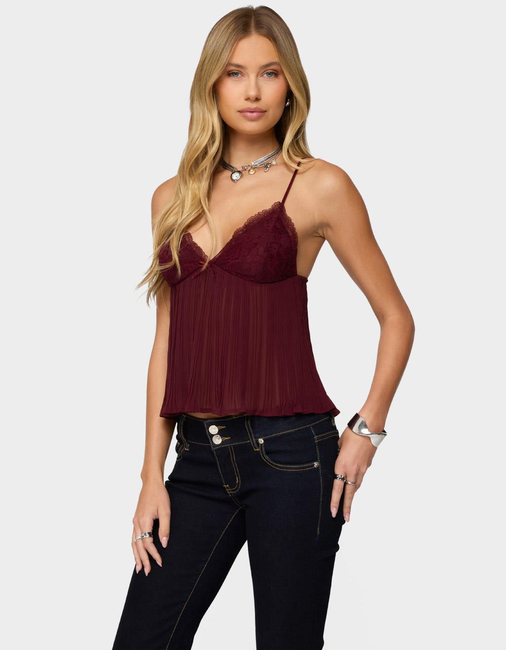 EDIKTED Rhian Lacey Pleated Babydoll Top - DK RED