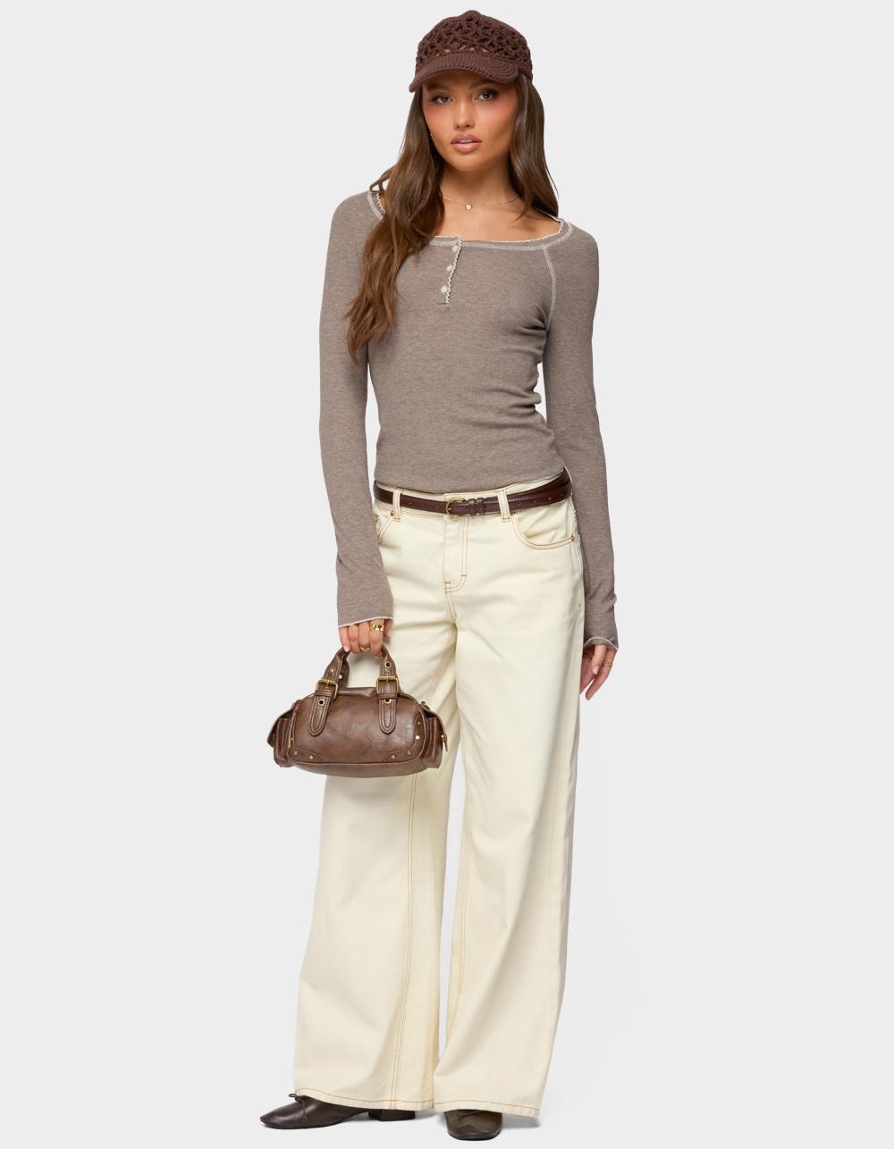 EDIKTED Ensley Contrast Stitch Henley Top - BROWN