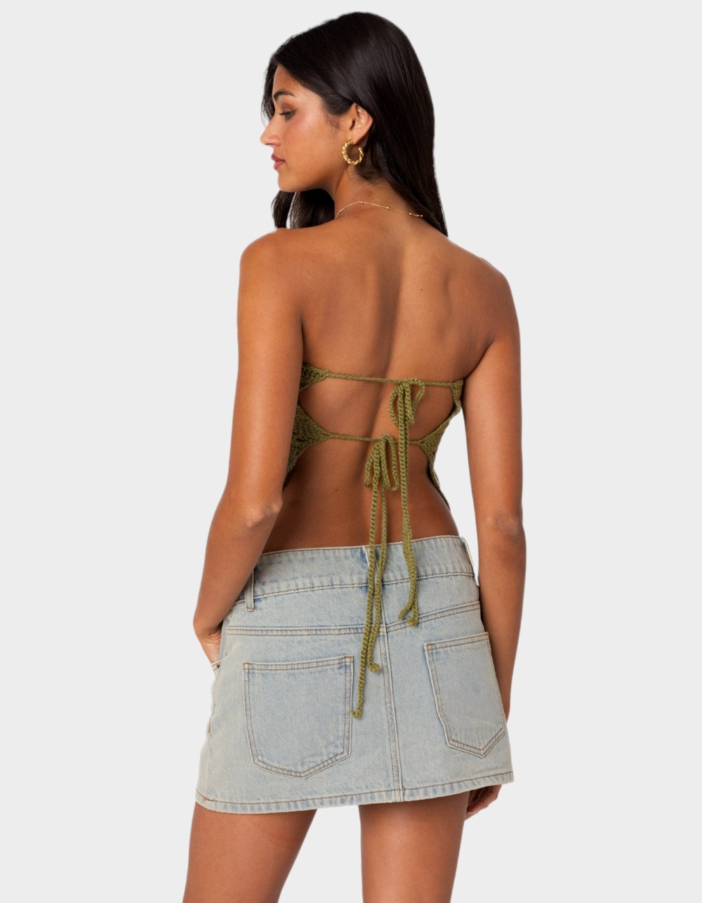 EDIKTED Niki Crochet Strapless Top - DK GREEN