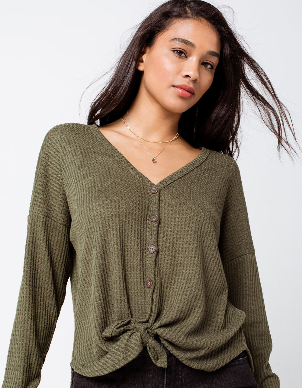 SKY AND SPARROW Button Tie Front Olive Womens Thermal Top - OLIVE | Tillys