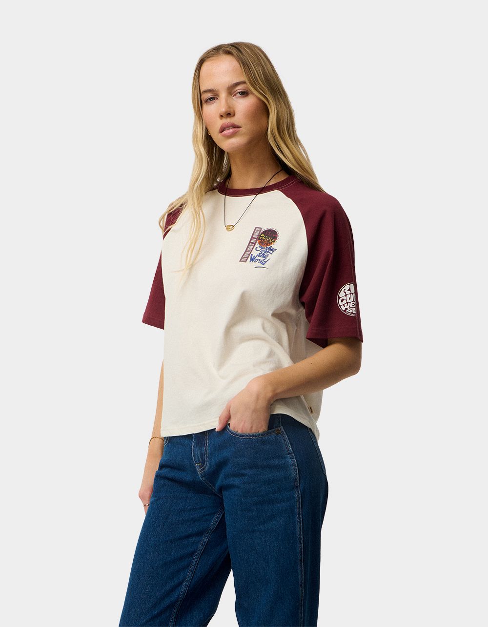 RIP CURL Surf The World Boxy Tee - BONE