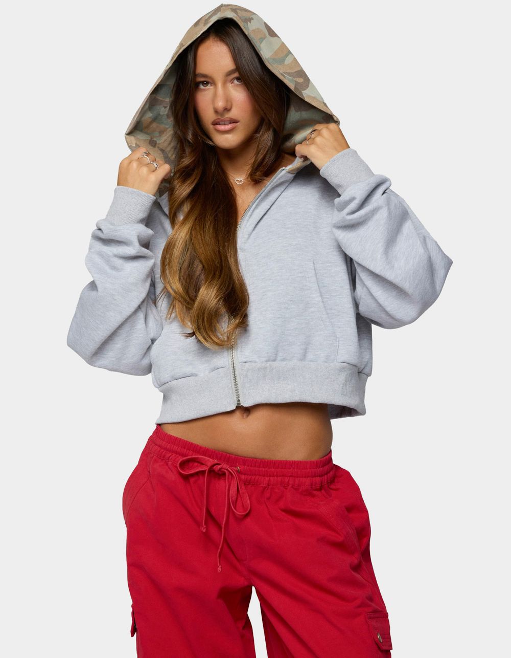 EDIKTED Graci Contrast Camo Zip Up Hoodie - LIGHT GRAY