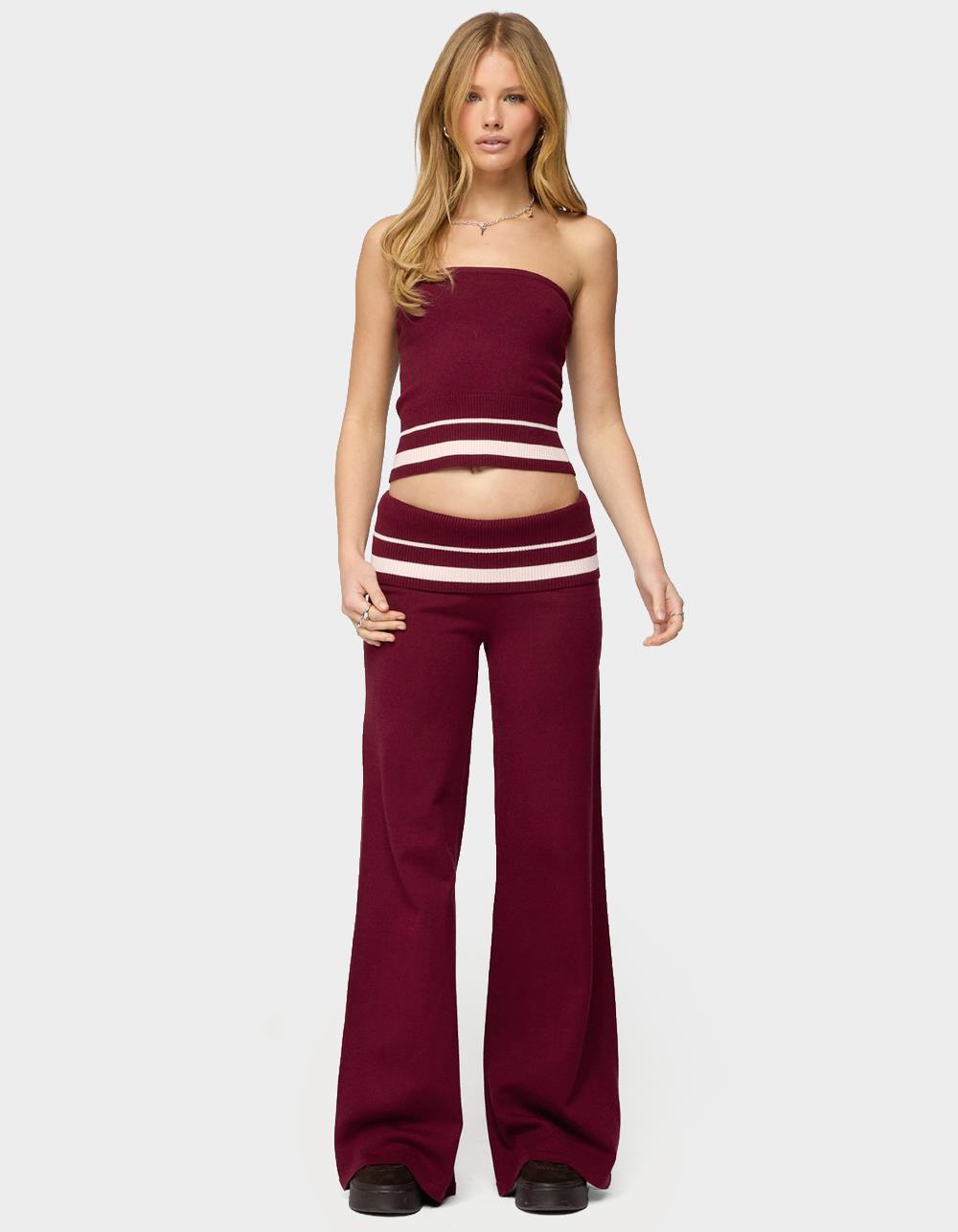 EDIKTED Kaliya Stripey Foldover Knit Pants - DK RED