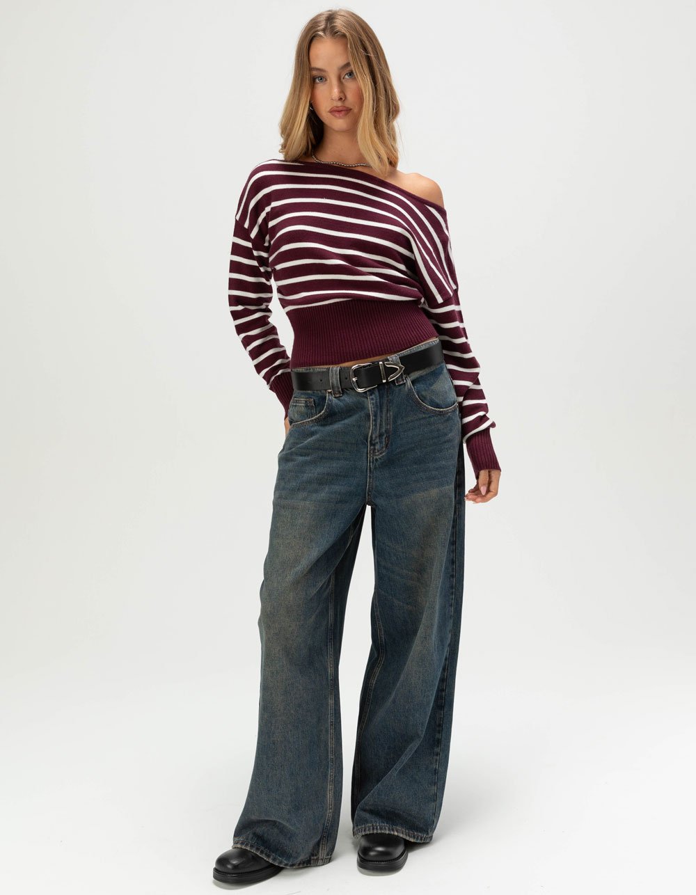 RSQ Womens High Rib Stripe Off The Shoulder Sweater - BURGUNDY