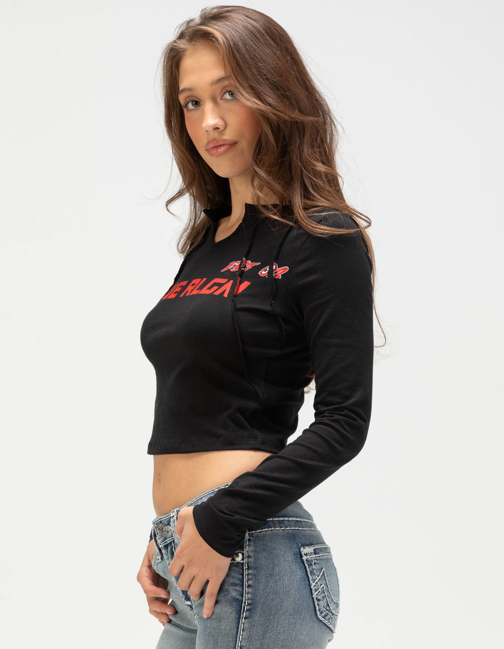 TRUE RELIGION Seaming Moto Womens Long Sleeve Top - BLACK