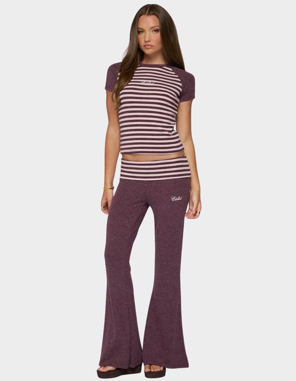 Edikted Stay Stripey Foldover Pants - DK RED