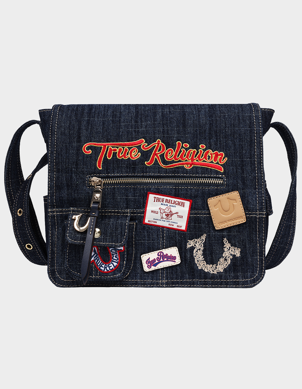 TRUE RELIGION Multi Patch Denim Messenger Bag - DK DENIM