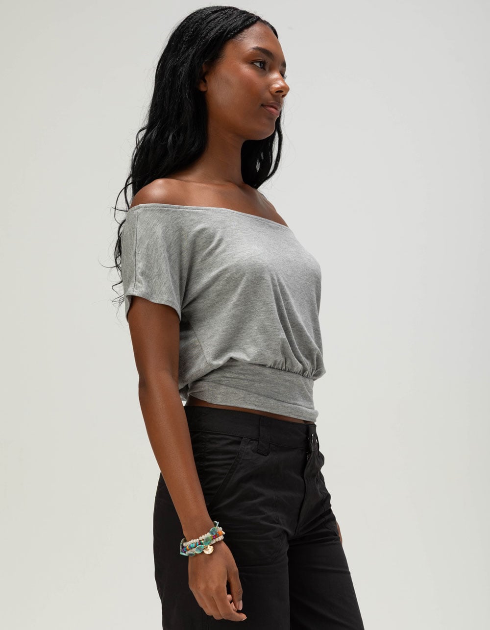 FULL TILT Womens Off The Shoulder Banded Bottom Top - HEATHER GRAY
