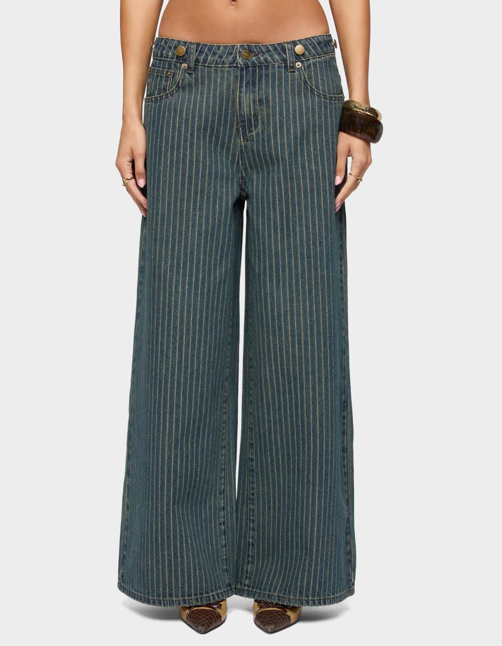EDIKTED Button Pinstripe Low Rise Baggy Jeans - BLUE