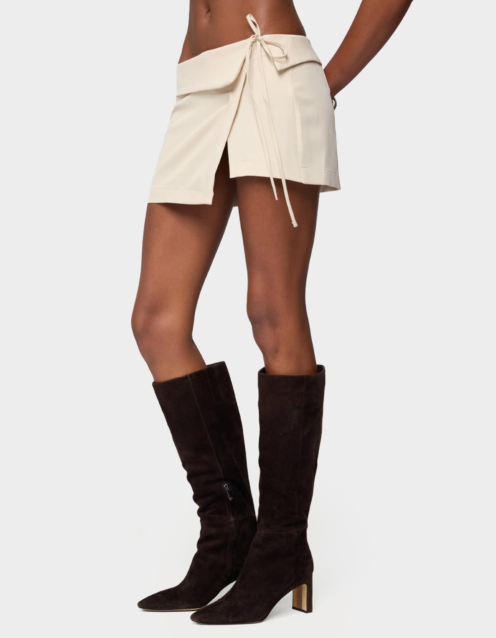 EDIKTED Selena Asymmetric Wrap Mini Skirt - BEIGE
