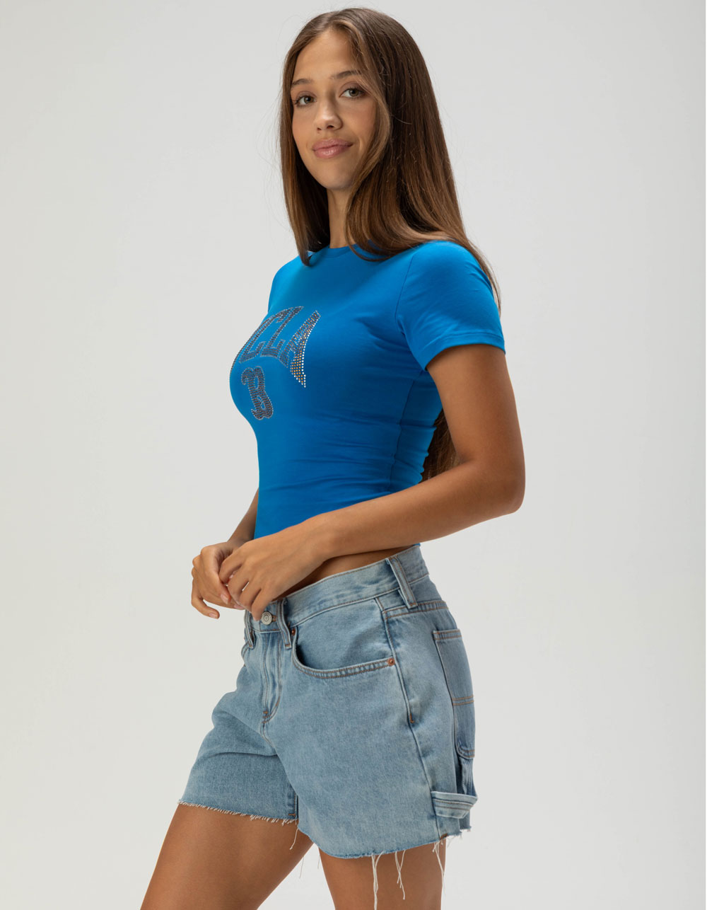 HYPE AND VICE UCLA Womens Rhinestone Baby Tee - BLUE