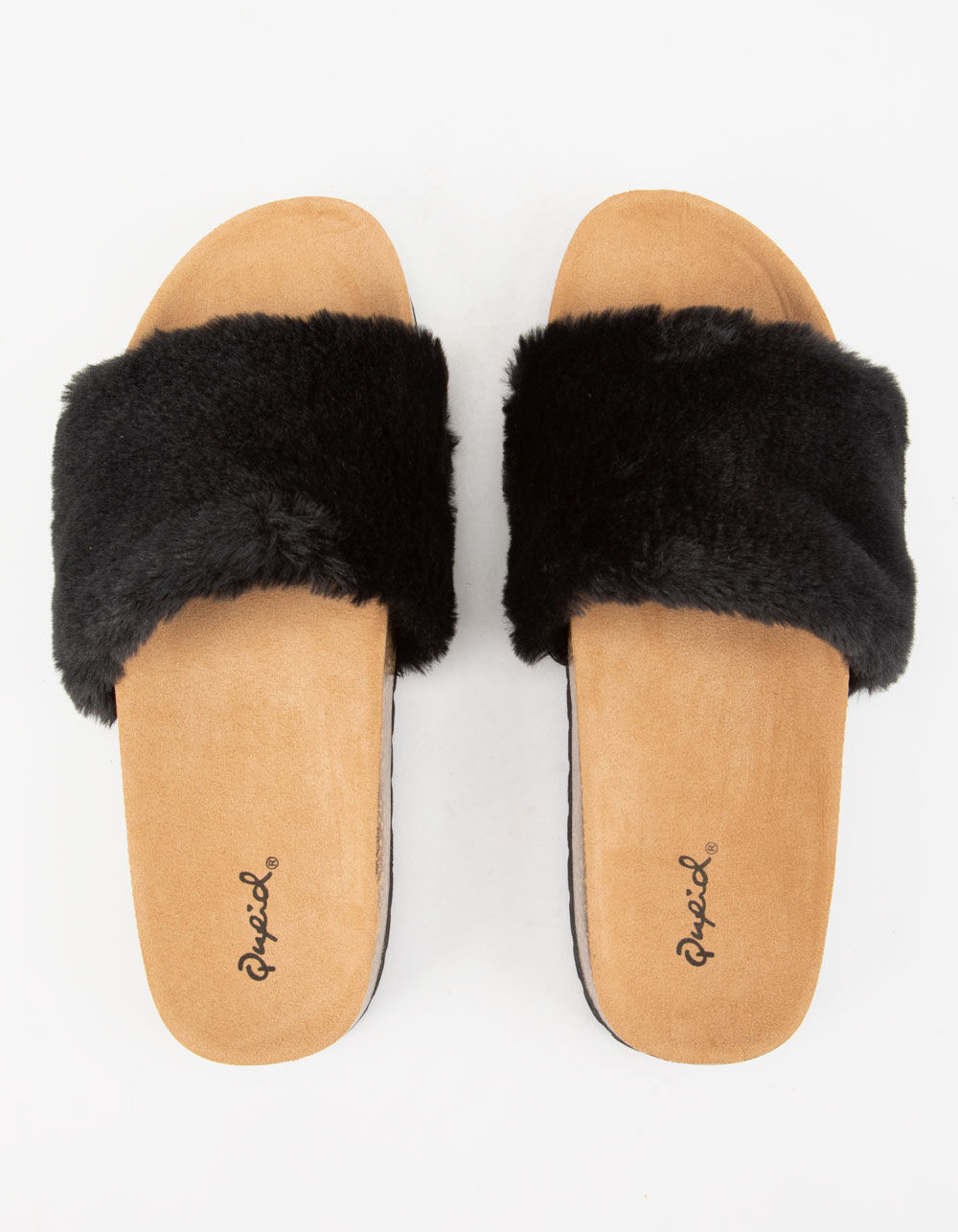 QUPID Faux Fur Cork Black Womens Slide Sandals image number 1