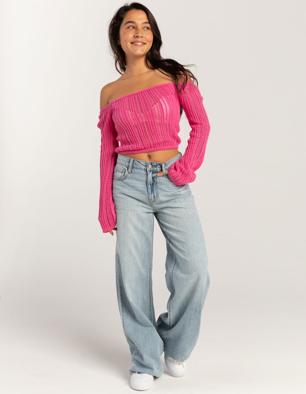 RSQ Womens Linear Stitch Off The Shoulder Sweater - PINK