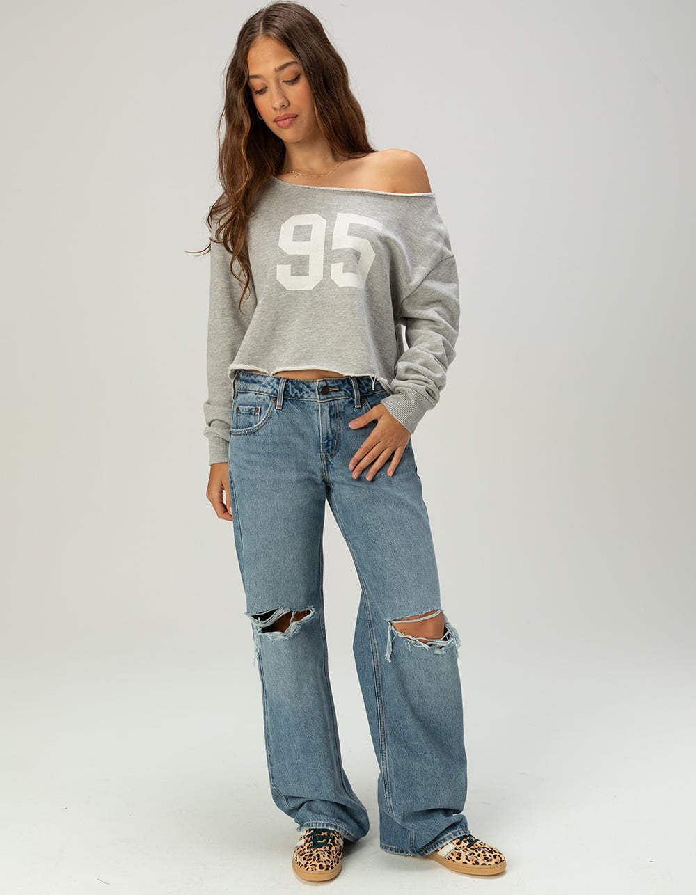 RSQ Womens 95 Crew Off The Shoulder Sweatshirt - HEATHER GRAY