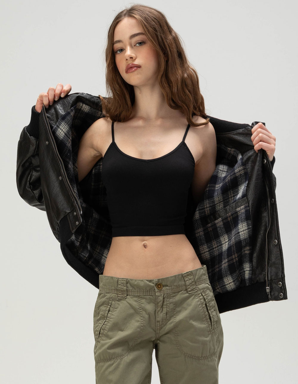 BDG Urban Outfitters Leon Womens Faux Leather Bomber Jacket - BLACK