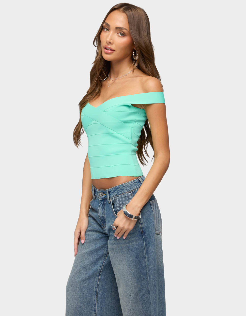 EDIKTED Niva Off Shoulder Bandage Knit Top - TURQUOISE