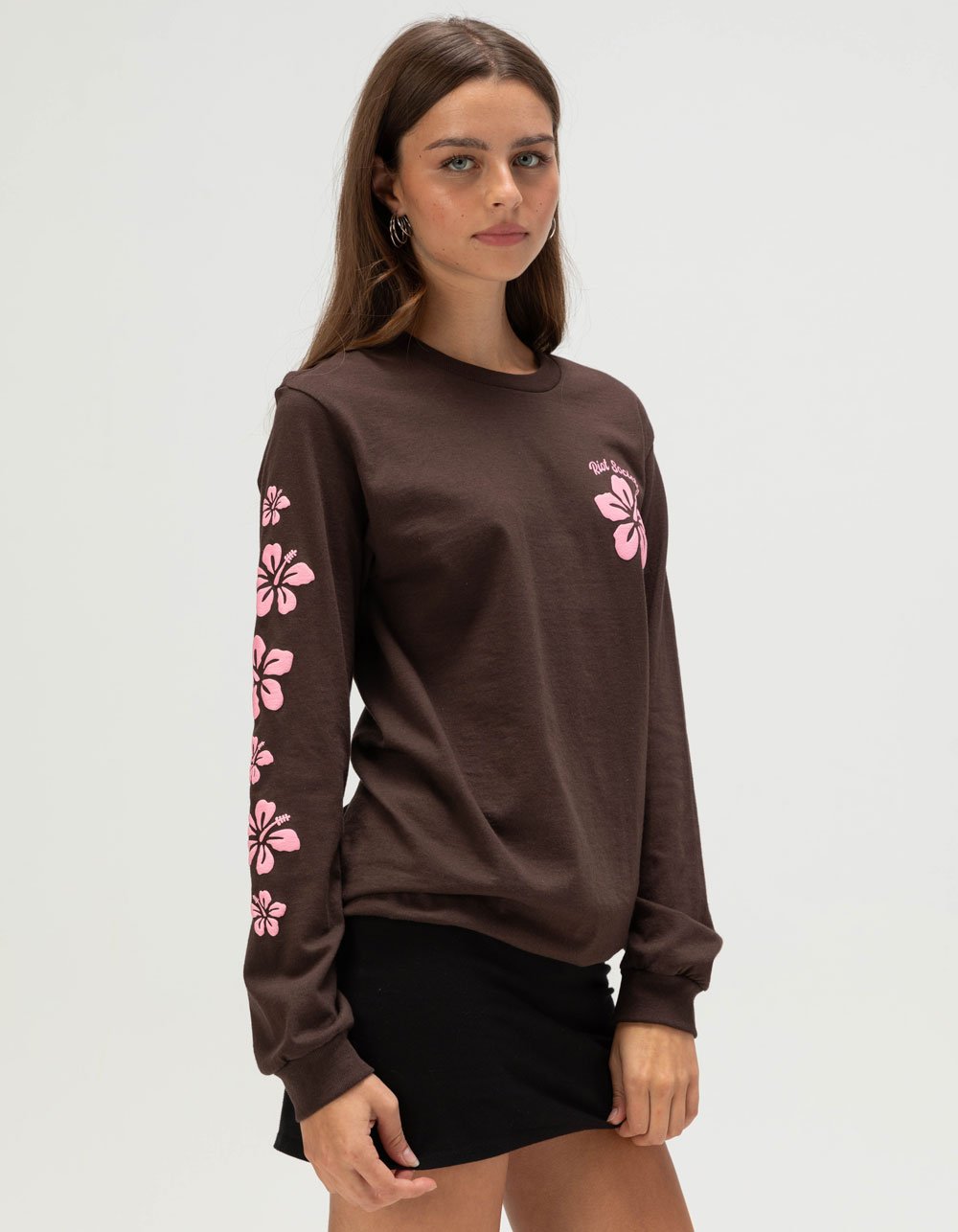 RIOT SOCIETY Hibiscus Womens Long Sleeve Tee - BROWN