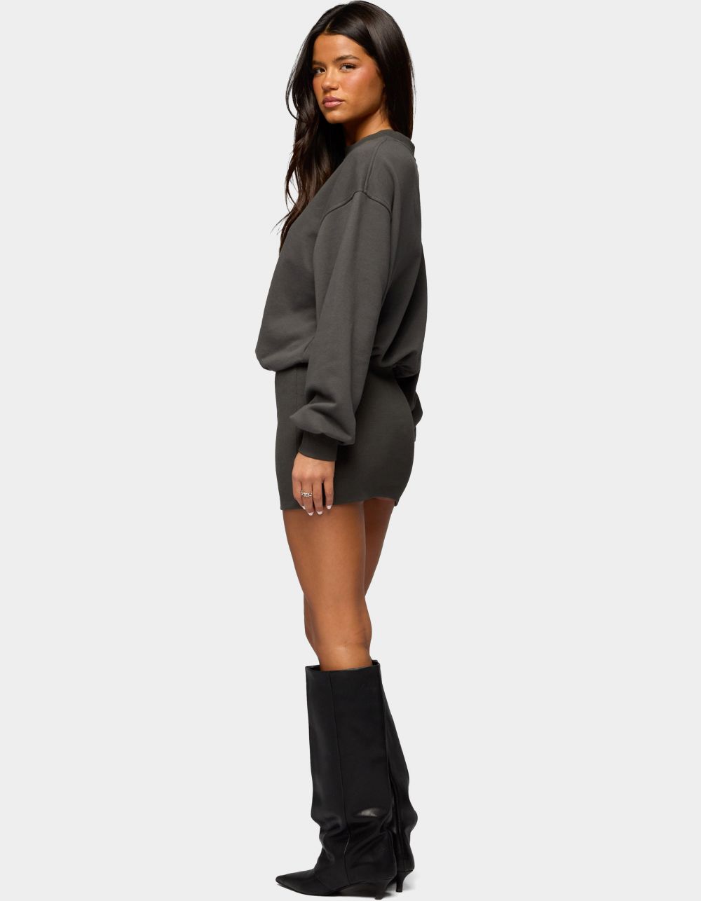 EDIKTED Jannah Sweatshirt Mini Dress - DARK GRAY