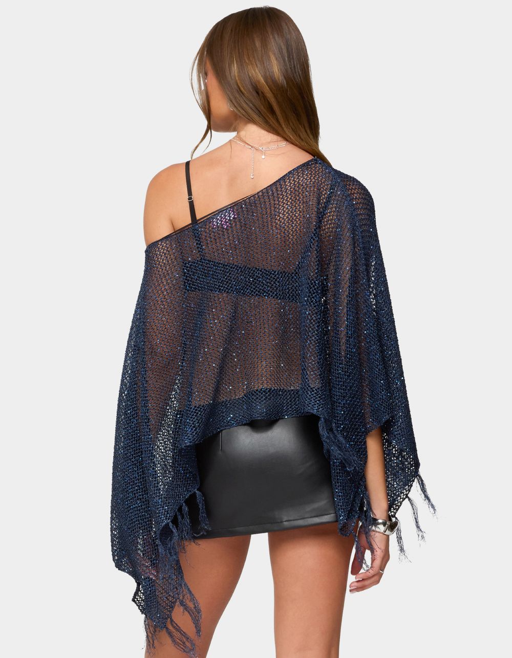 EDIKTED Sequin Fringe Knit Poncho