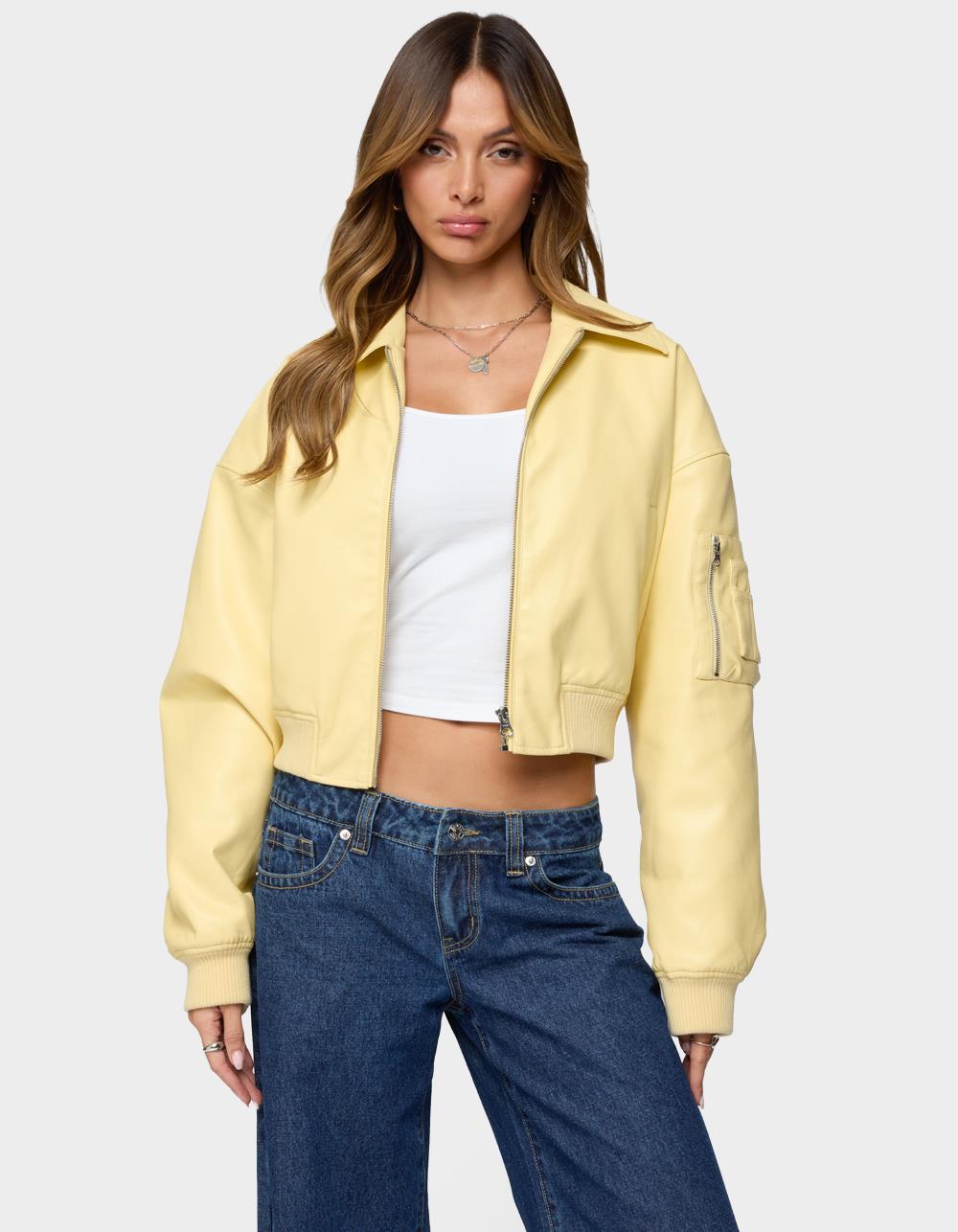 EDIKTED Zayna Cropped Faux Leather Bomber Jacket - YELLOW
